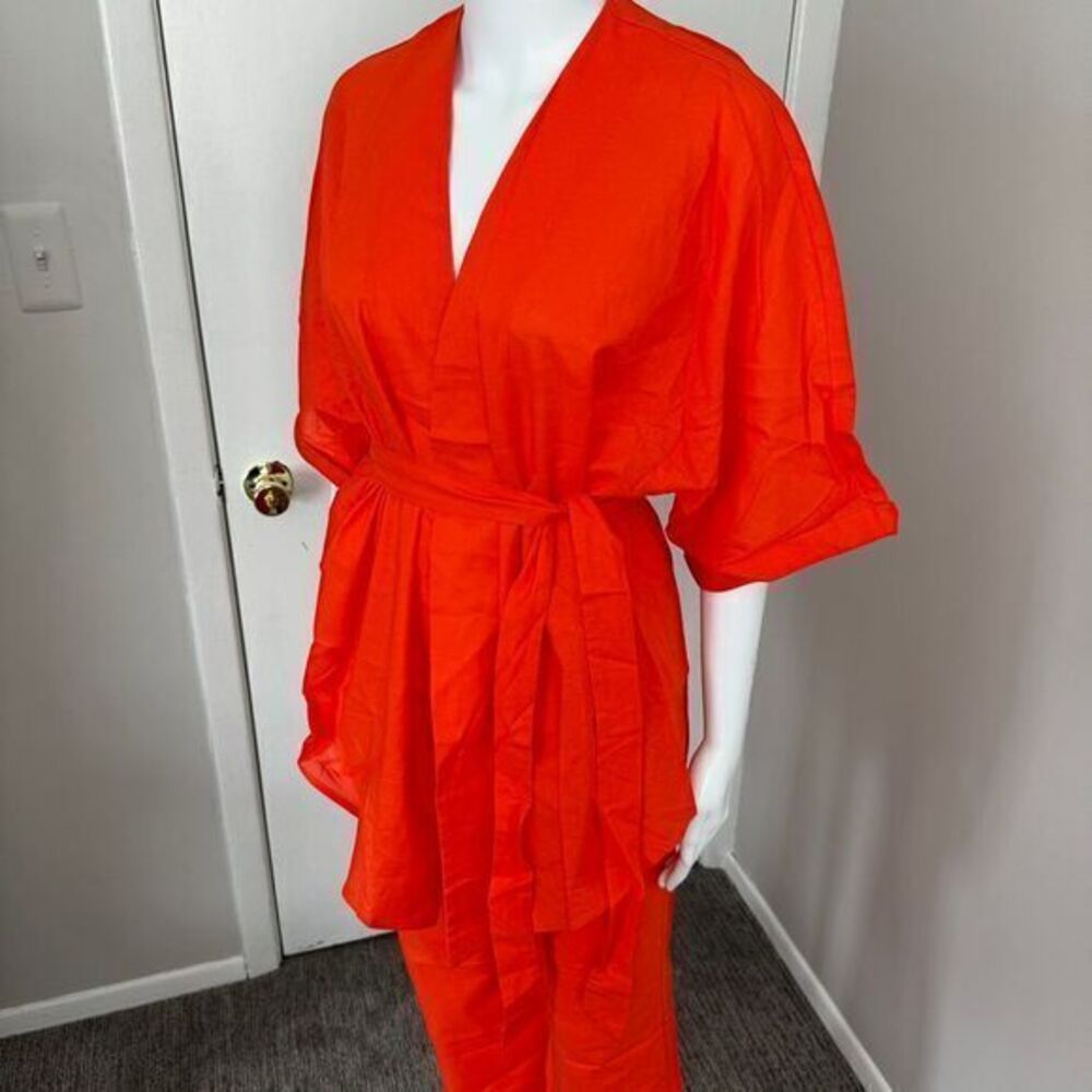 Commense Linen Cotton Orange Two-Piece Set Kimono-Style Top Wide-Leg Pant Outfit - Picture 15 of 16